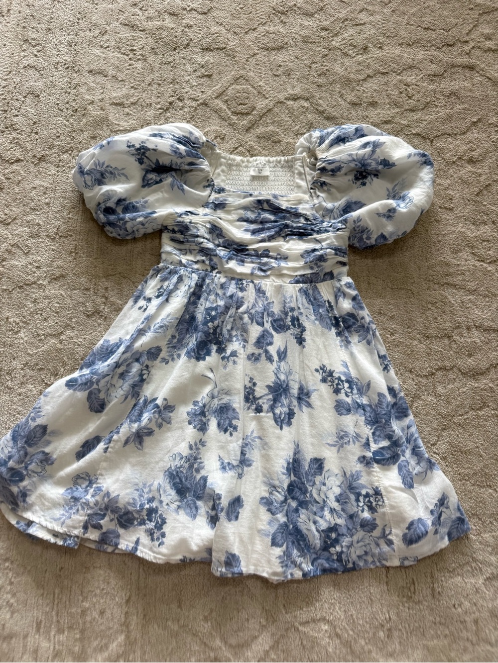 abercrombie kids White and Blue Floral Puff-Sleeve Dress